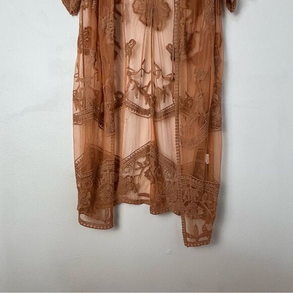 Tan Lace Kimono Longline Duster Boho Cottagecore Feminine Romantic Fairy‎ Mesh - Picture 5 of 10